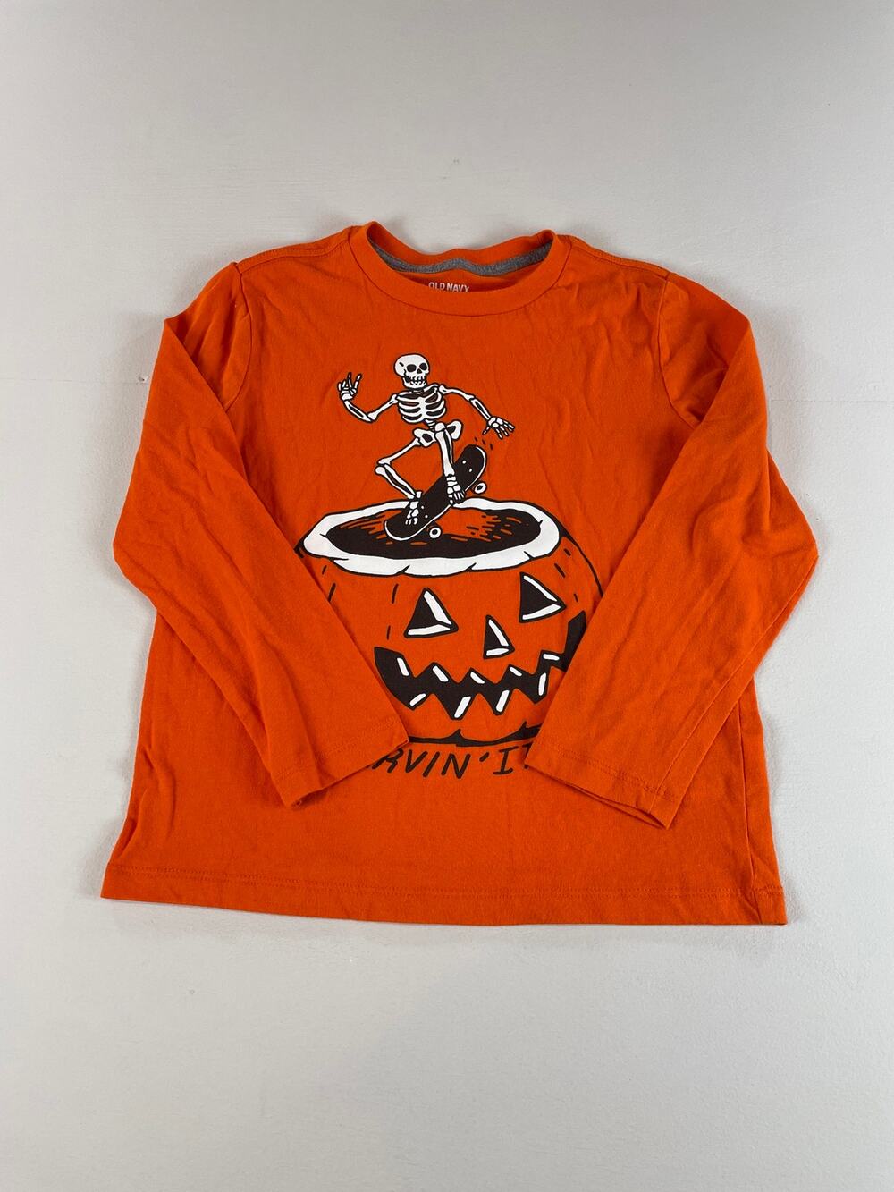 Old Navy Boys Orange Pumpkin Skeleton Halloween Long Sleeve Tee